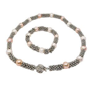 Pearl & Silver Tone Mesh Necklace with Stretchy Bracelet Set Retro Vintage
